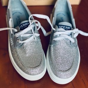 Sperry sparkling silver girls shoes.